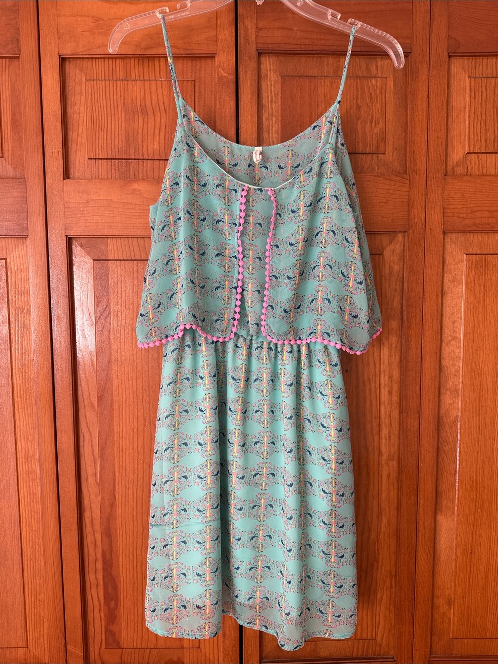 Peppermint Mint Spaghetti-Strap Dress with Pink Trim